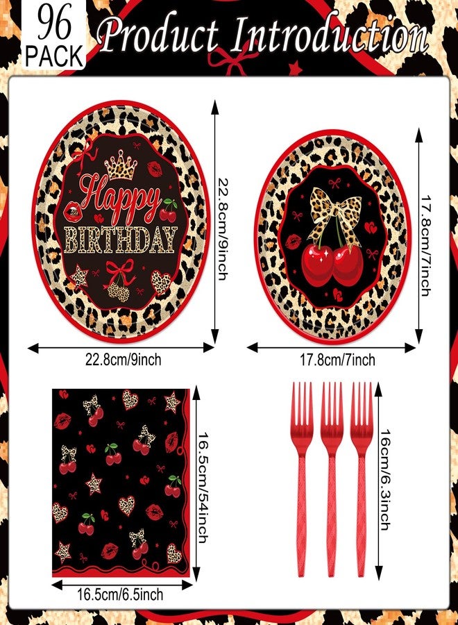 Wxiben Cheetah Print Birthday Decorations - 98 Pcs Cheetah Cherry Party Tableware Set Includes Tablecloths Plates Napkins Forks, Red Leopard Print Supplies for Women Birthday Party - Image 3