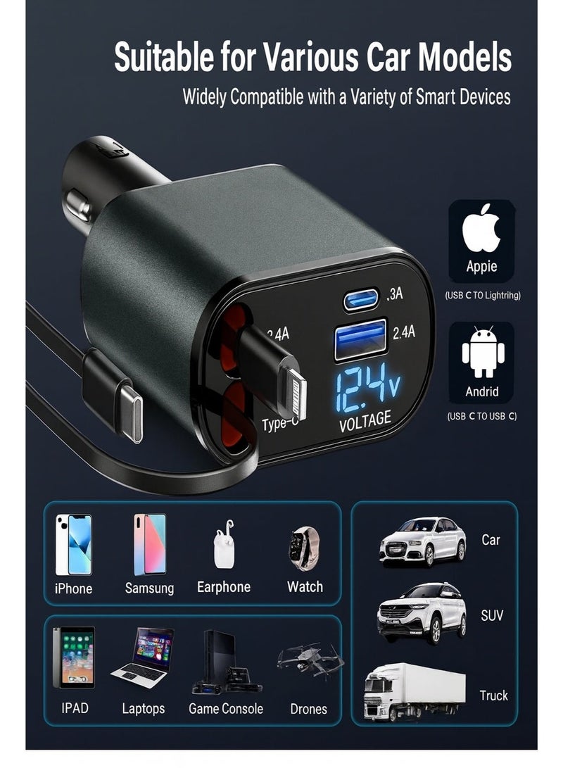 Earldom Original 66W Fast Car Charger – Real 66W Power, Safe for Your Device with Very High Quality, Charges up to 4 Devices Simultaneously, Equipped with Digital Display and Retractable Dual Cables, Compatible with All iPhone and Type-C Devices - Image 4