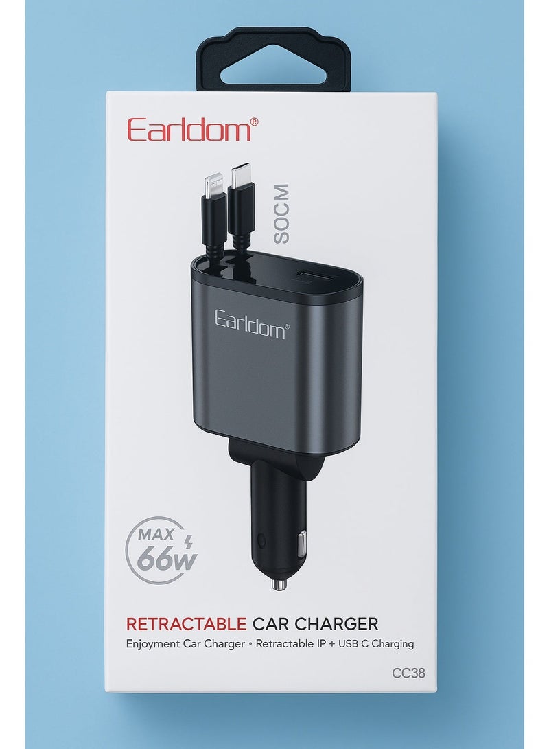 Earldom Original 66W Fast Car Charger – Real 66W Power, Safe for Your Device with Very High Quality, Charges up to 4 Devices Simultaneously, Equipped with Digital Display and Retractable Dual Cables, Compatible with All iPhone and Type-C Devices - Image 1
