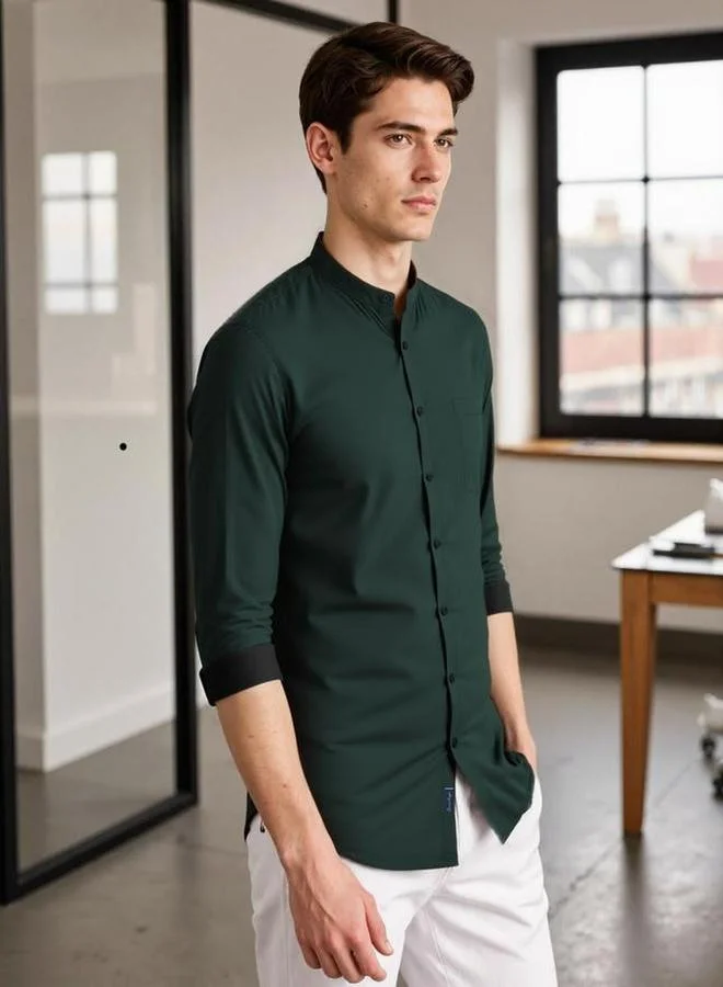 Dennis Lingo Men Solid Mandarin Collar Casual Shirt
