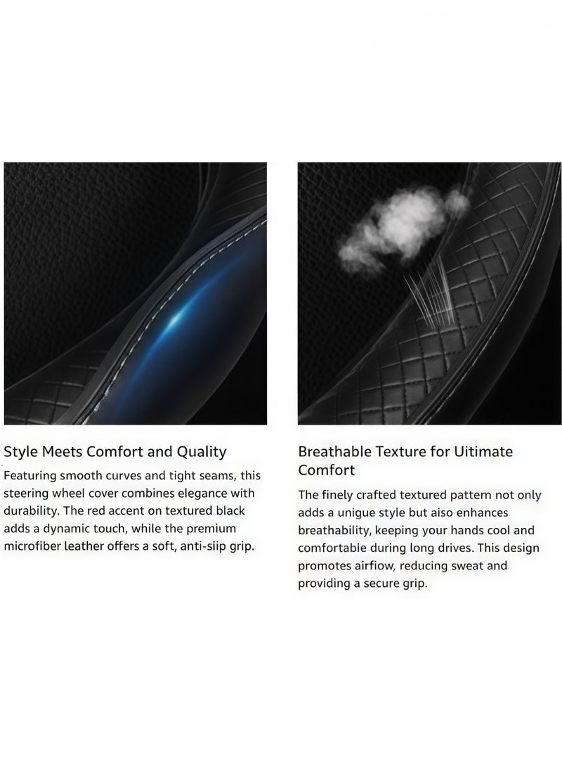 WAOKN 38cm Universal Car Steering Wheel Cover, Microfiber Leather Non-Slip Striped Steering Protector, Anti-UV, Anti-aging steering wheel protection，Breathable All-Season Anti-Slip Grip Cover for Cars, Trucks & SUVs, Wear-Resistant, Sweatproof ， Comfortable，Safety, Soft, Breathable, Heavy Duty, Thick, Full Surround, Sports Style（Black with Black line） - Image 5