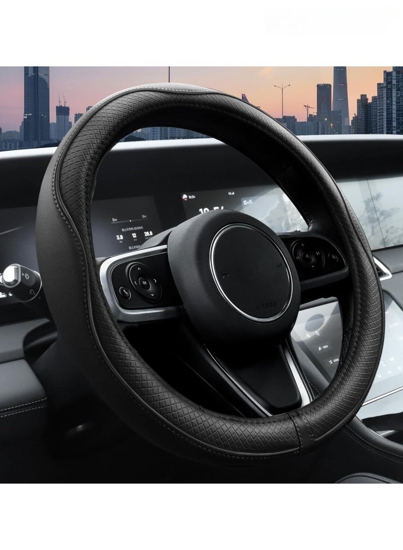 WAOKN 38cm Universal Car Steering Wheel Cover, Microfiber Leather Non-Slip Striped Steering Protector, Anti-UV, Anti-aging steering wheel protection，Breathable All-Season Anti-Slip Grip Cover for Cars, Trucks & SUVs, Wear-Resistant, Sweatproof ， Comfortable，Safety, Soft, Breathable, Heavy Duty, Thick, Full Surround, Sports Style（Black with Black line） - Image 1