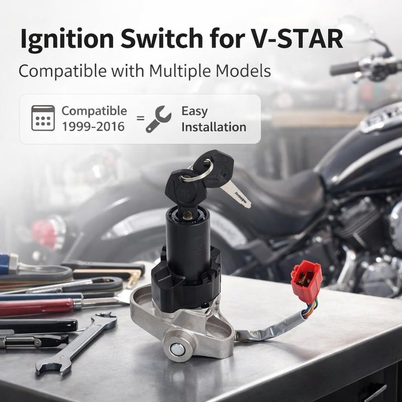 مفتاح الإشعال مع مفتاحين لدراجة V-Star، مفتاح بدء تشغيل بديل، رقم OE 4TR-82021-00 - أداء مستقر، هيكل معدني متين ومصنوع من ABS لطرازات XVS650 وXVS1100 وXVS125 - Image 2