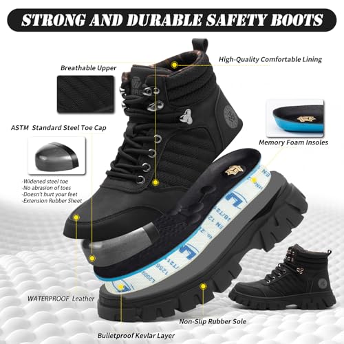 KELODON Waterproof Steel Toe Boots For Men-6 Inch Comfortable Mens Safety Work Boots Indestructible Steel Toe Shoes Lightweight Non Slip Puncture Resistant Industrial Construction Boot,Black,Size 10 men - Image 2
