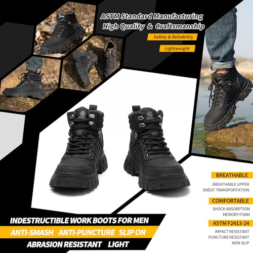 KELODON Waterproof Steel Toe Boots For Men-6 Inch Comfortable Mens Safety Work Boots Indestructible Steel Toe Shoes Lightweight Non Slip Puncture Resistant Industrial Construction Boot,Black,Size 10 men - Image 3