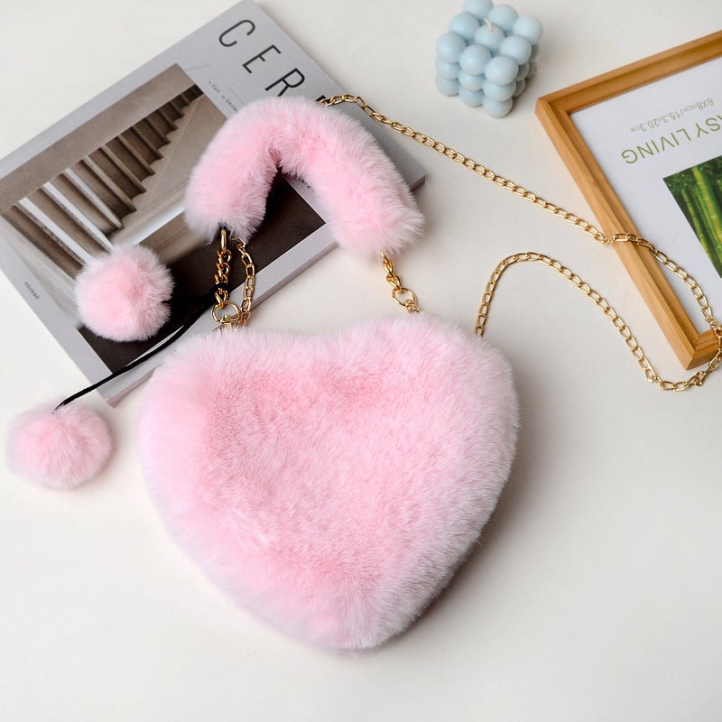 Plush Heart Crossbody Bag with Chain Strap - Image 1