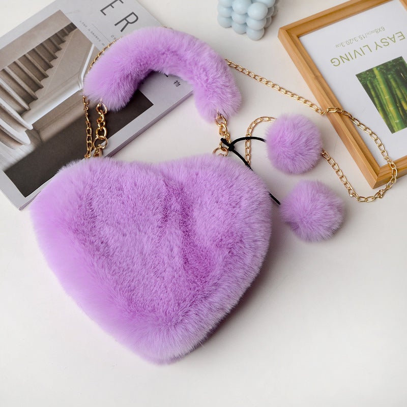 Plush Heart Crossbody Bag with Chain Strap - Image 4