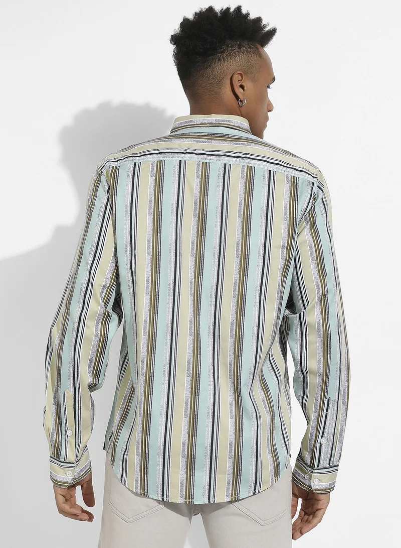 Campus Sutra Men's Mint Green Faded Barcode Striped Shirt