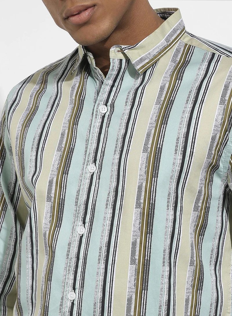 Campus Sutra Men's Mint Green Faded Barcode Striped Shirt