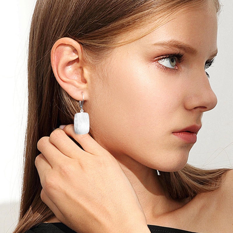 Lancharmed Sterling Silver Dangle Earrings for Women Rectangle Brushed Square Minimalist Drop Earrings Hypoallergenic Leverback Earring S925 Silver Jewelry for Gifts - Image 2