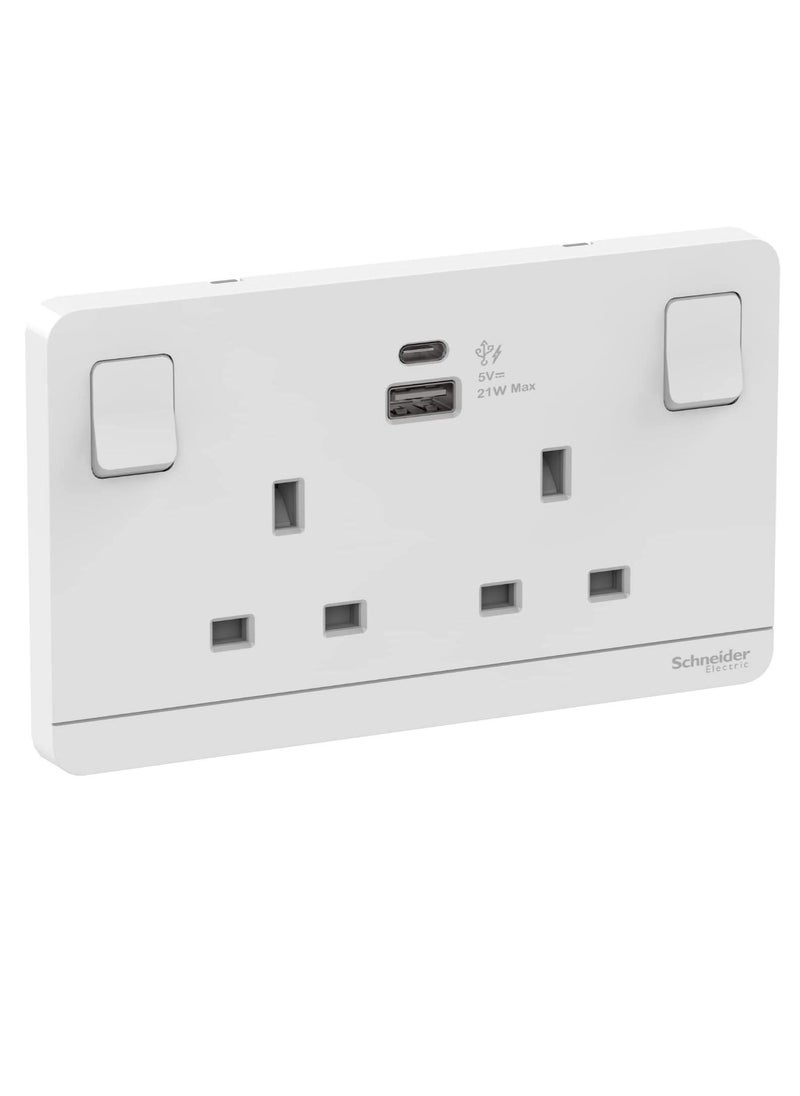 Schneider Electric Schneider Electric 21W type A+C 2 Gang 13A Avataron Switched Socket with USB Charger, White 