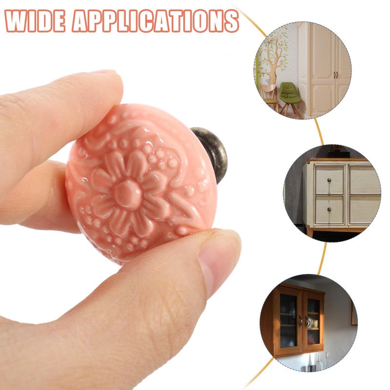 Pink Ceramic Drawer Knobs 6 Pack Embossed Decorative Handles for Cabinet Dresser Cupboard - Image 4