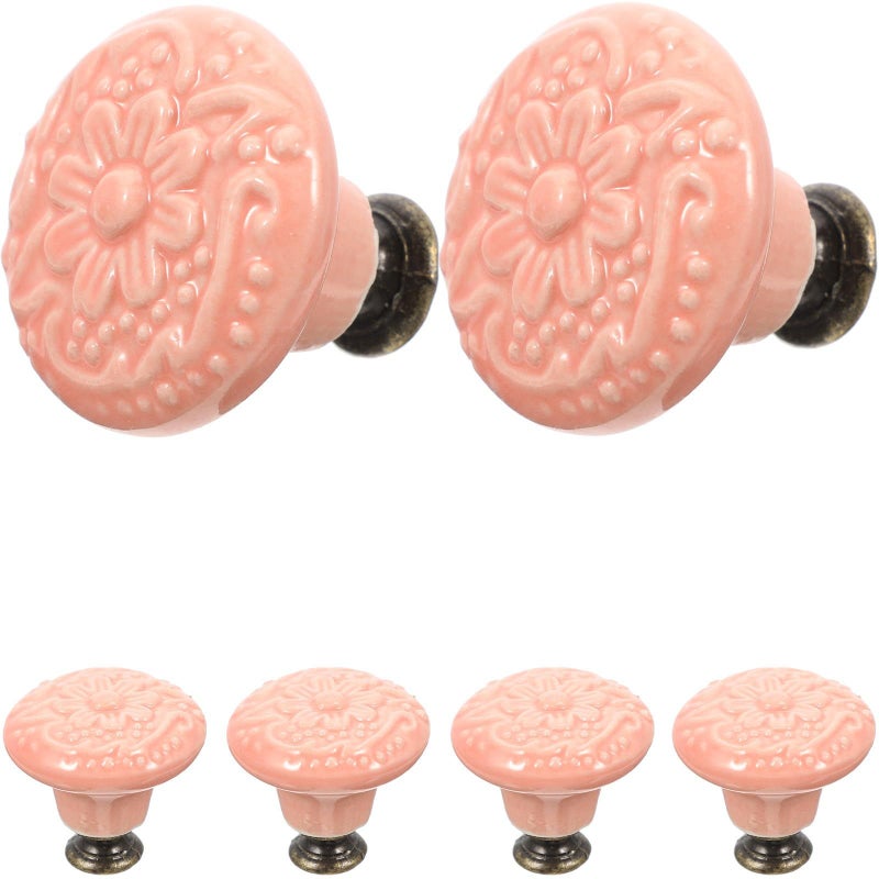 Pink Ceramic Drawer Knobs 6 Pack Embossed Decorative Handles for Cabinet Dresser Cupboard - Image 2