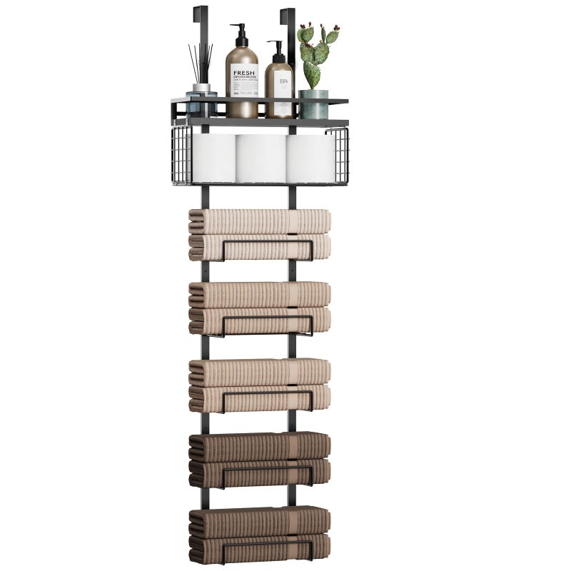 Aetyord Towel Racks for Bathroom Over The Door Towel Racks Towel Storage Organizer with Metal Shelf Basket for Bathroom Rv Camper (7-Tier Black) - Image 1
