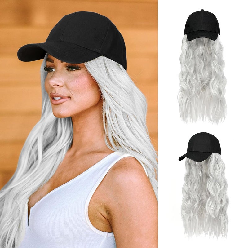 Lansigreen Hat Wig for Women Baseball Cap with Hair Extensions Adjustable Hat Attached 24 Long Wavy Hairpieces Synthetic Wig Silver Gray