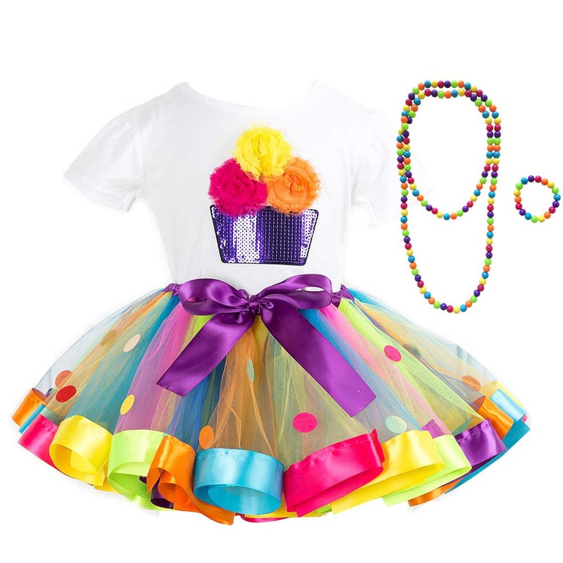 JOINSI Girls Rainbow Tutu Ballet Skirt with Shirt, Necklace & Bracelet (Medium) - Image 1