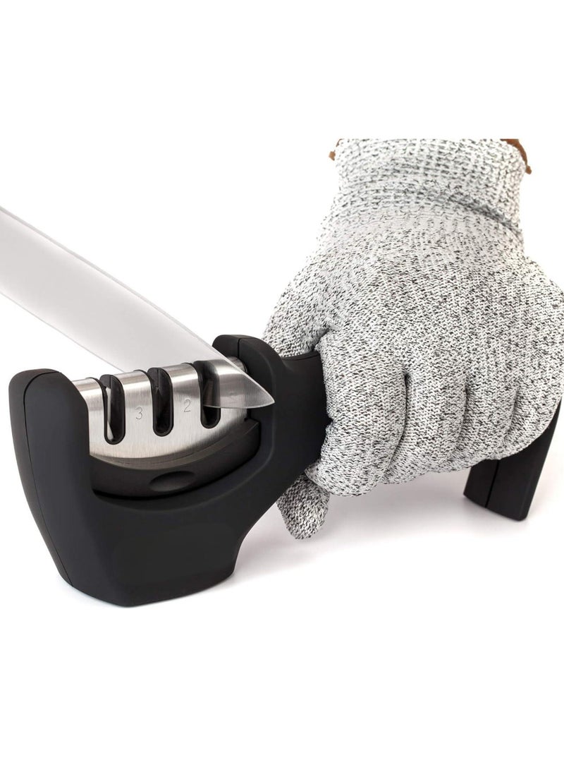 4-in-1 Kitchen Knife Accessories: 3-Stage Knife Sharpener Helps Repair, Restore, Polish Blades and Cut-Resistant Glove (Black)  - Image 1