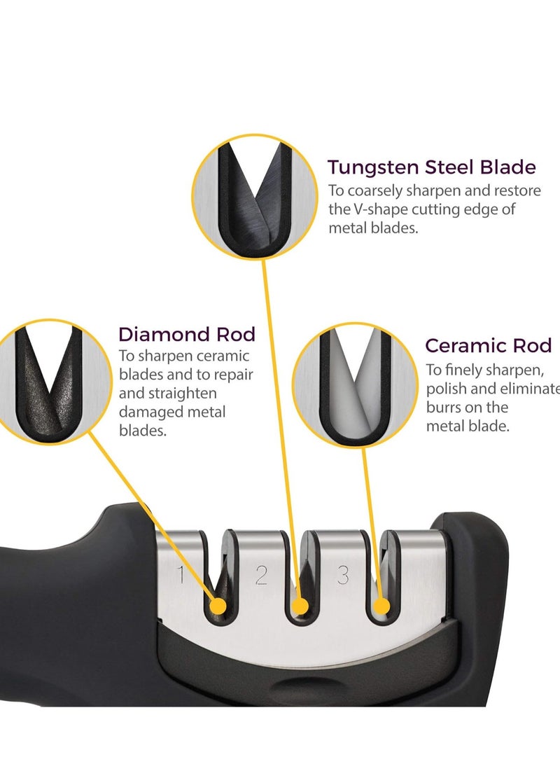 4-in-1 Kitchen Knife Accessories: 3-Stage Knife Sharpener Helps Repair, Restore, Polish Blades and Cut-Resistant Glove (Black)  - Image 2