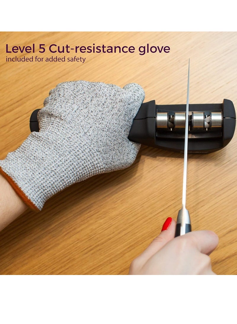 4-in-1 Kitchen Knife Accessories: 3-Stage Knife Sharpener Helps Repair, Restore, Polish Blades and Cut-Resistant Glove (Black)  - Image 3