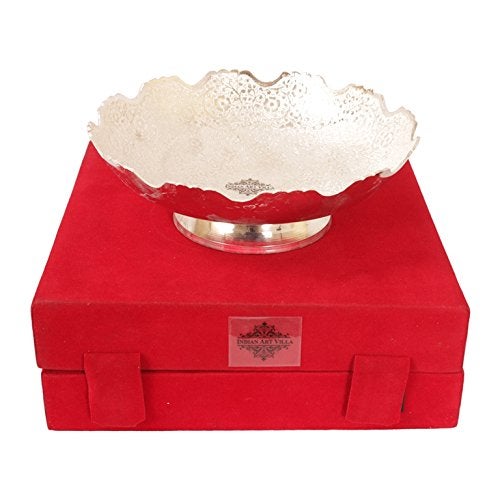 INDIAN ART VILLA Silver Plated Round Bowl with RedBlue Velvet Box Dry Fruits Home Decorate Diwali Gift Items Silver - Image 3
