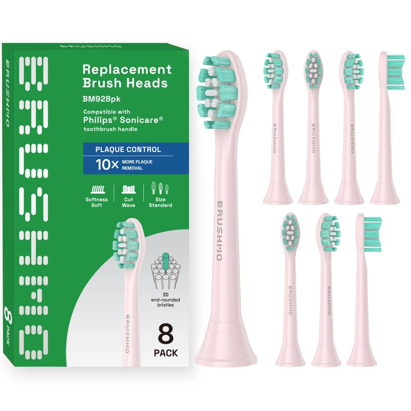 Brushmo Plaque Control Replacement Toothbrush Heads, Compatible with Philips Sonicare Click-on Electric Toothbrush Handles, 8 Standard Replacement Heads, Soft Dupont Bristles, BM928pk, Pink - Image 1