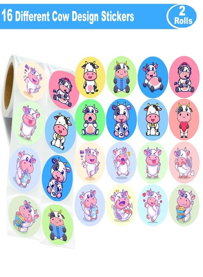 Hohamn 600 Pcs Cow Stickers for Kids Teachers 1.5 Inch 16 Styles 2 Roll Cute Cow Stickers Roll for Kids Birthday Party School Reward Giveaways Waterbottle Scrapbook Decor - Image 2