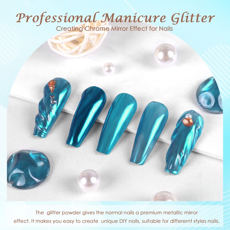 Laza Chrome Nail Powder Mirror Effect Metallic Dust Holographic Glitter Glazed Manicure Decoration Reflective Pigment for DIY Gel Polish Nail Art, Resin Craft, Gifts - Lake Blue - Image 2