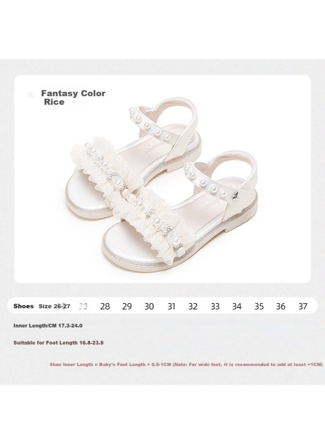 Follow Me Girls' Sandals, Summer Soft-soled Non-slip Beach Shoes, Little Girl Pearl Stylish Princess Shoes, Huancai Mi, Size 28
