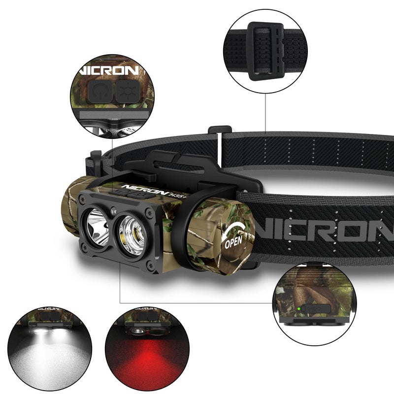 NICRON Rechargeable Headlamp, High Bright 1600 lumens 180Â° Rotating Aluminum LED Head Lamp with 3 Light Sources 10 Modes Waterproof Head Flashlight H35+ for Camping Hunting Running Fishing (Camo) - Image 2