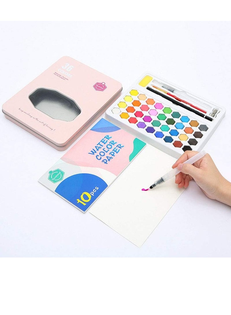 Keepsmiling 36 Colors Watercolor Paint Set Portable with 10 Watercolor Papers Refillable Brush Pen Sponge Drawing Brush Sharpener Gift for Adults Students Kids Beginners Artists Gift Multicolor - Image 1