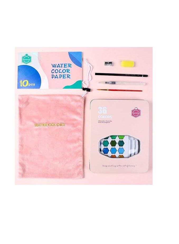 Keepsmiling 36 Colors Watercolor Paint Set Portable with 10 Watercolor Papers Refillable Brush Pen Sponge Drawing Brush Sharpener Gift for Adults Students Kids Beginners Artists Gift Multicolor - Image 2