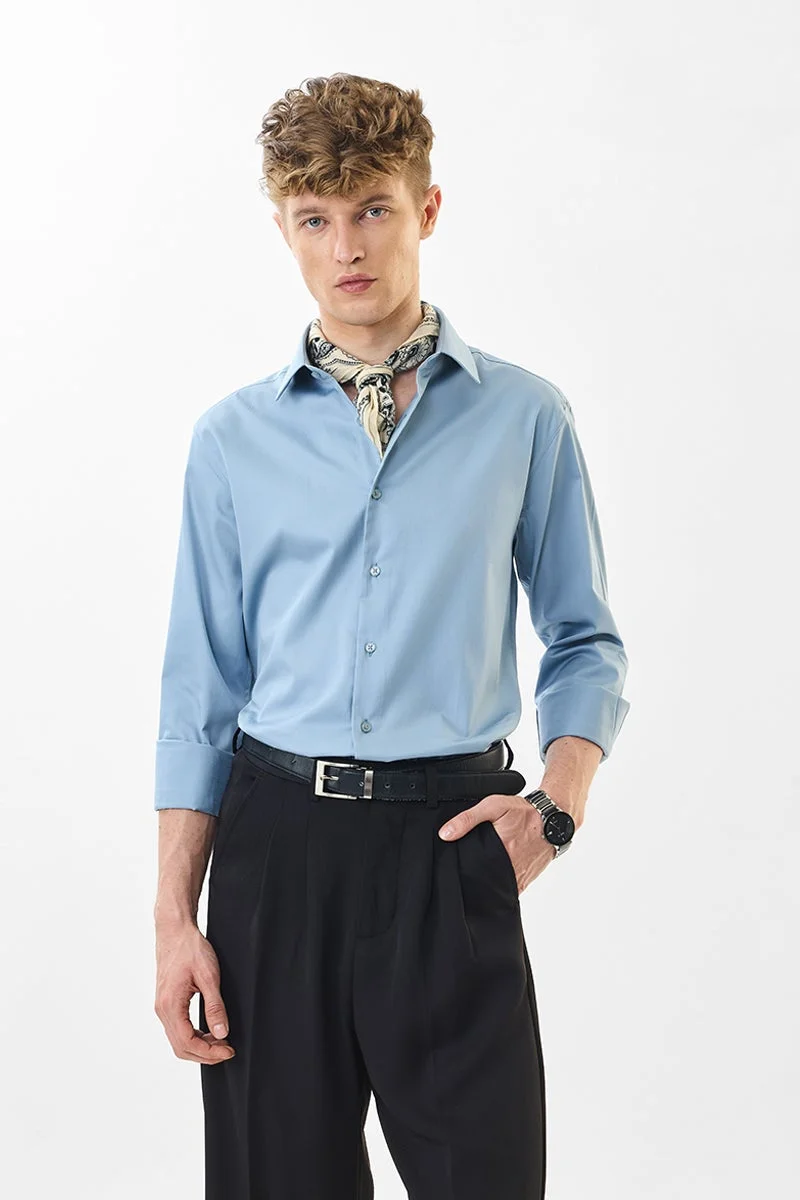 سنيتش Sky Blue Solid Long Sleeve Slim Fit Formal Luxe Shirt