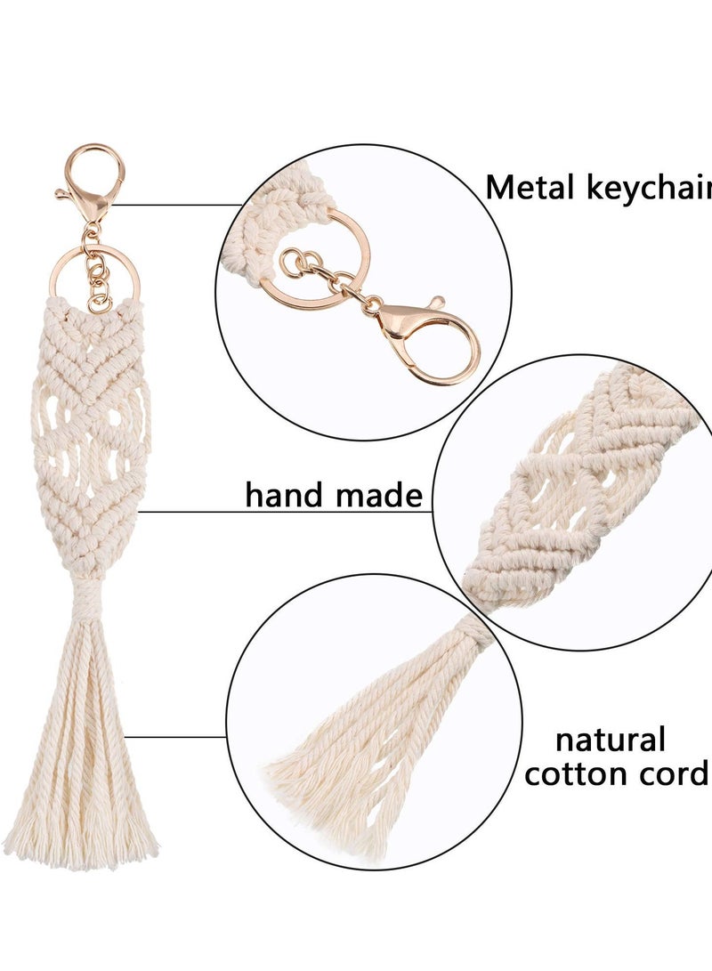 Keychain with Tassels, 4 Pieces Mini Macrame Keychains, Boho Macrame Bag Decoration, Keys Charms with Tassel, Handcrafted Accessory for Car Key, Purse, Phone Supplies (Beige) - Image 3