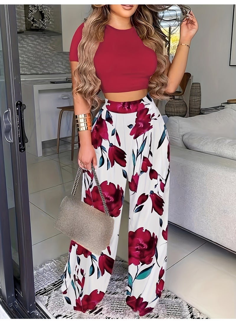 Generic Plus Size Fashionable Casual Trendy Printed T-Shirt Bell Bottom Suit Womens Cross-Border European American Style New 2024 Model Pink  - Image 4