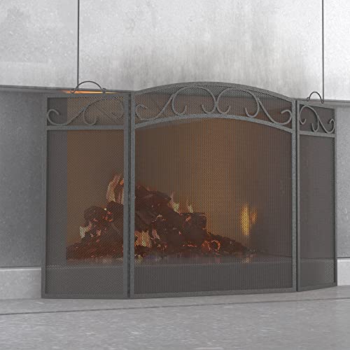 Fire Beauty Fire Beauty Fireplace Screen 3 Panel with Handles Wrought Iron 51L x31H Spark Guard CoverPewter 