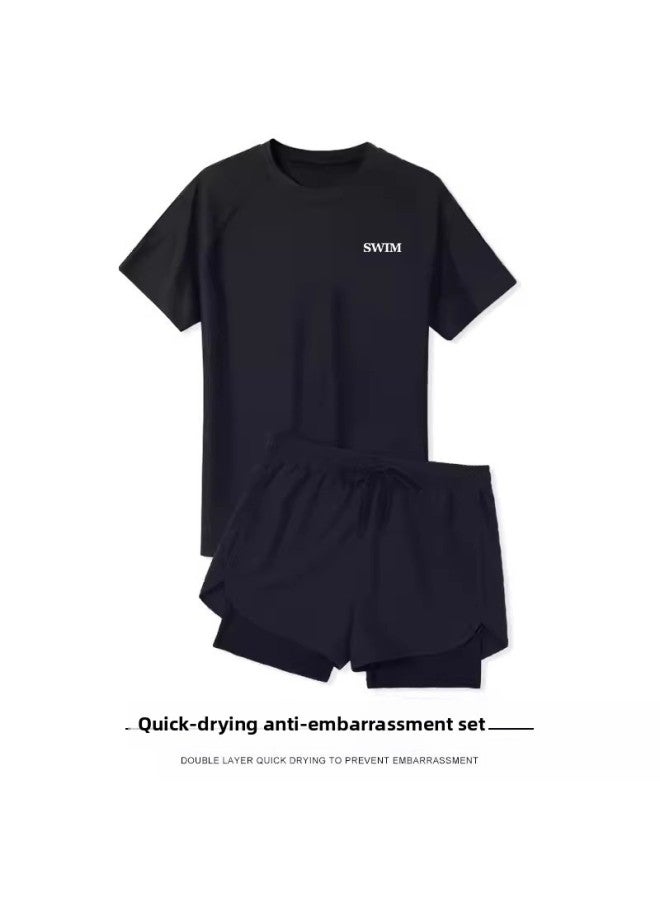 Loquat Swimsuit Men's Professional Black Anti-embarrassment Plus Size Double-layer Swimming Trunks Men's Swimsuit Hot Spring Suit Men's Full Set-Color:Black Suit (main Picture)- - Image 1