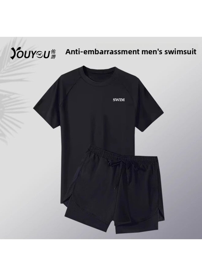 Loquat Swimsuit Men's Professional Black Anti-embarrassment Plus Size Double-layer Swimming Trunks Men's Swimsuit Hot Spring Suit Men's Full Set-Color:Black Suit (main Picture)- - Image 2