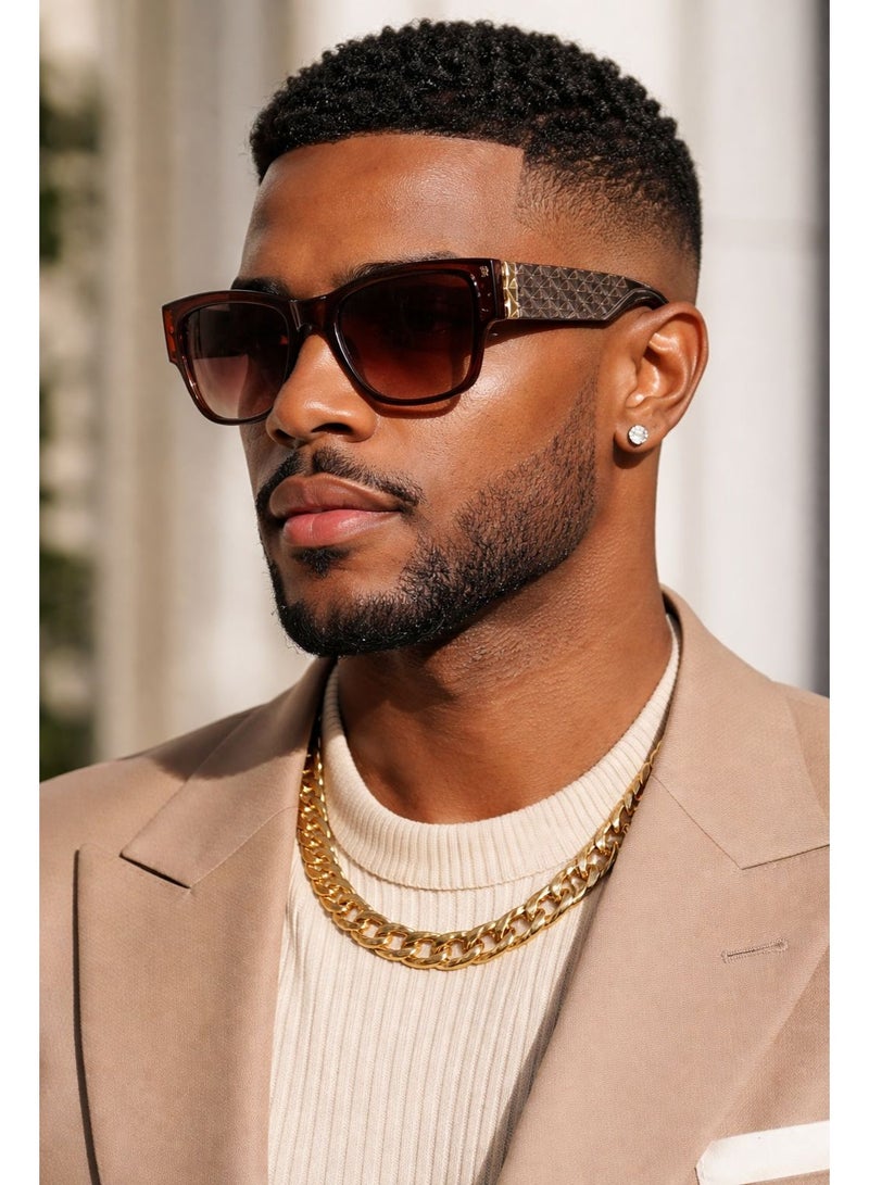 LUMIERE Men’s Luxury Square Sunglasses – UV400 Gradient Lens | Designer Textured Temple Frame – Brown & Gold Premium Eyewear - Image 2