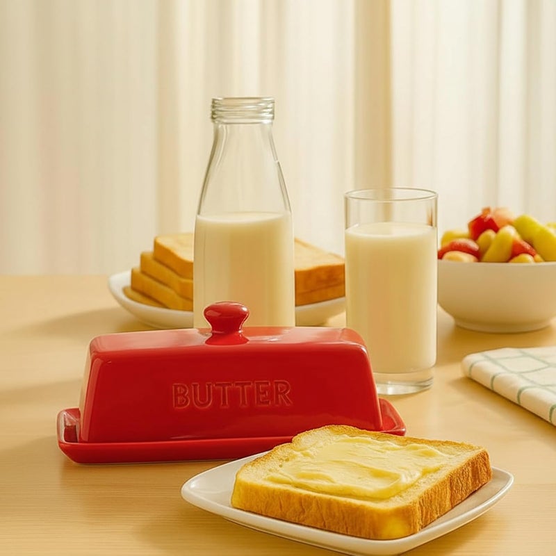 WERTIOO Butter Dish with Lid, Ceramic Butter Dish with Lid for Countertop for 1 Stick. Textured Tray for Non Slip Storage with Stainless Steel 3 in 1 Butter Spreader, Red - Image 4