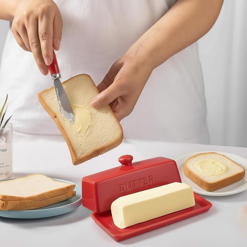 WERTIOO Butter Dish with Lid, Ceramic Butter Dish with Lid for Countertop for 1 Stick. Textured Tray for Non Slip Storage with Stainless Steel 3 in 1 Butter Spreader, Red - Image 5