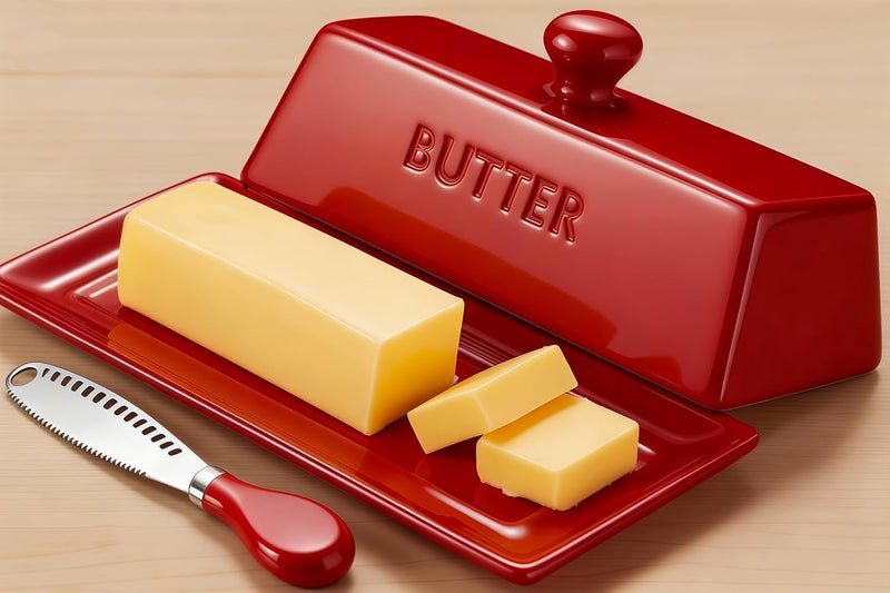 WERTIOO Butter Dish with Lid, Ceramic Butter Dish with Lid for Countertop for 1 Stick. Textured Tray for Non Slip Storage with Stainless Steel 3 in 1 Butter Spreader, Red - Image 1