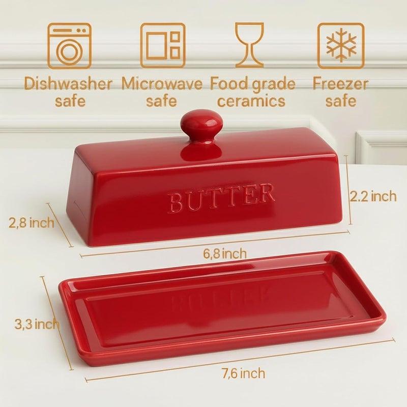 WERTIOO Butter Dish with Lid, Ceramic Butter Dish with Lid for Countertop for 1 Stick. Textured Tray for Non Slip Storage with Stainless Steel 3 in 1 Butter Spreader, Red - Image 2