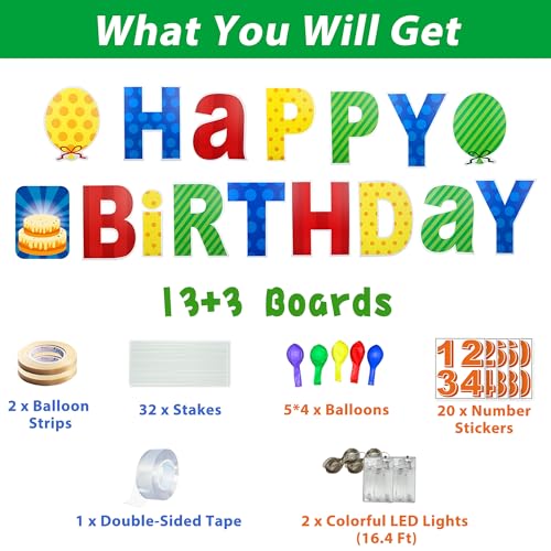 ComboJoy 16 Pcs Happy Birthday Yard Sign with Stakes, Personalized Age Plastic Signs with LED Lights, 20 Number Stickers & Colorful Letters, Weatherproof Birthday Decorations for Indoor & Outdoor Lawn - Image 2