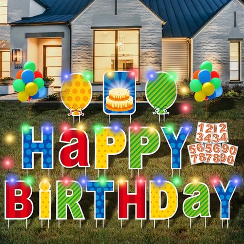 ComboJoy 16 Pcs Happy Birthday Yard Sign with Stakes, Personalized Age Plastic Signs with LED Lights, 20 Number Stickers & Colorful Letters, Weatherproof Birthday Decorations for Indoor & Outdoor Lawn - Image 1