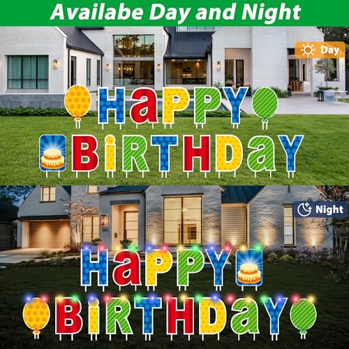 ComboJoy 16 Pcs Happy Birthday Yard Sign with Stakes, Personalized Age Plastic Signs with LED Lights, 20 Number Stickers & Colorful Letters, Weatherproof Birthday Decorations for Indoor & Outdoor Lawn - Image 4