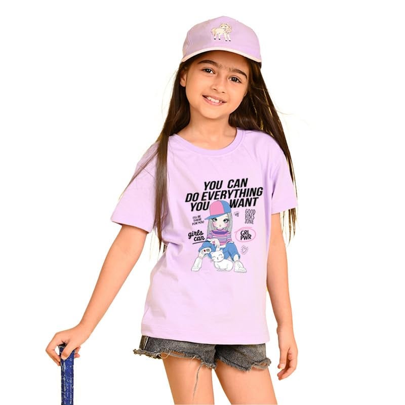 Nusyl Girls Oversized Half Sleeves T-Shirt for Kids | Cute Printed Casual Wear | Soft Cotton Blend | Relaxed Fit | 2-16 Years | Purple - Image 1