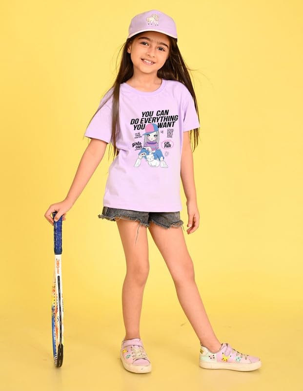 Nusyl Girls Oversized Half Sleeves T-Shirt for Kids | Cute Printed Casual Wear | Soft Cotton Blend | Relaxed Fit | 2-16 Years | Purple - Image 4