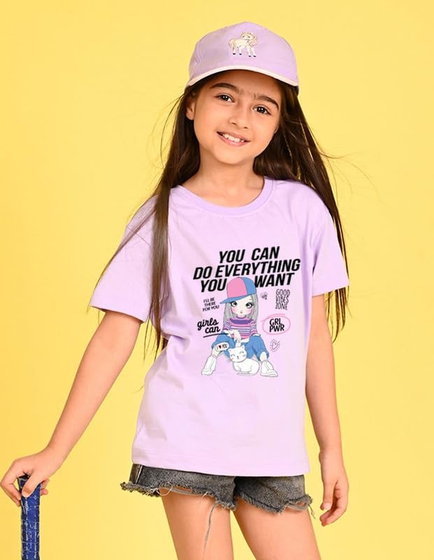 Nusyl Girls Oversized Half Sleeves T-Shirt for Kids | Cute Printed Casual Wear | Soft Cotton Blend | Relaxed Fit | 2-16 Years | Purple - Image 5