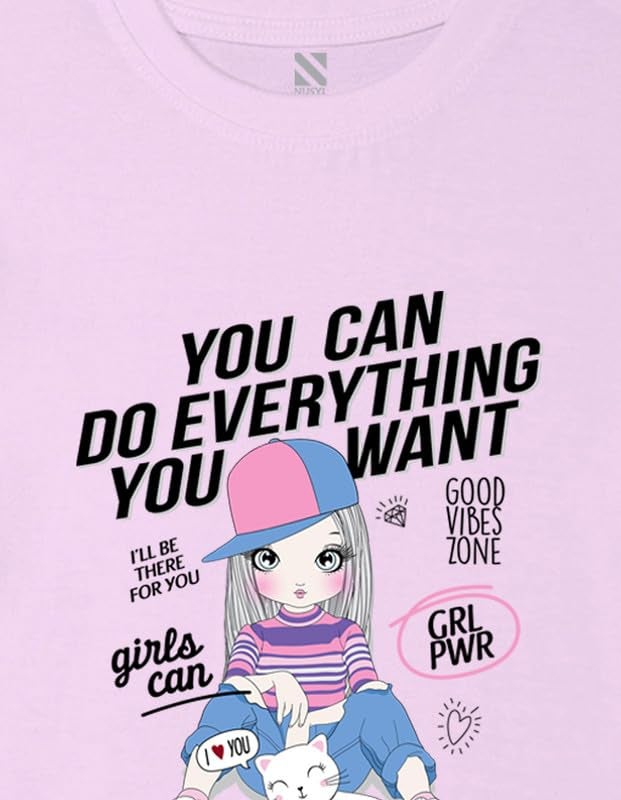 Nusyl Girls Oversized Half Sleeves T-Shirt for Kids | Cute Printed Casual Wear | Soft Cotton Blend | Relaxed Fit | 2-16 Years | Purple - Image 3