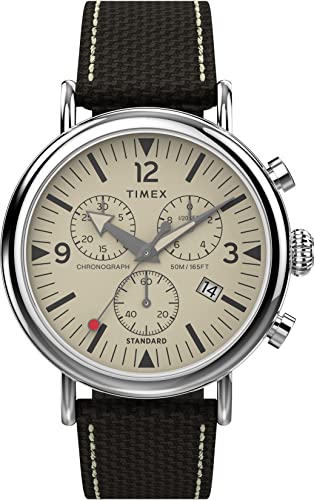 TIMEX ساعة تيمكس كرونوغراف للرجال 41 مم - حزام بني قرص كريمي علبة فضية - Image 4